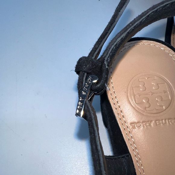 Tory Burch Suede T Strap Rhinestone Logo Sandals - Picture 10 of 15